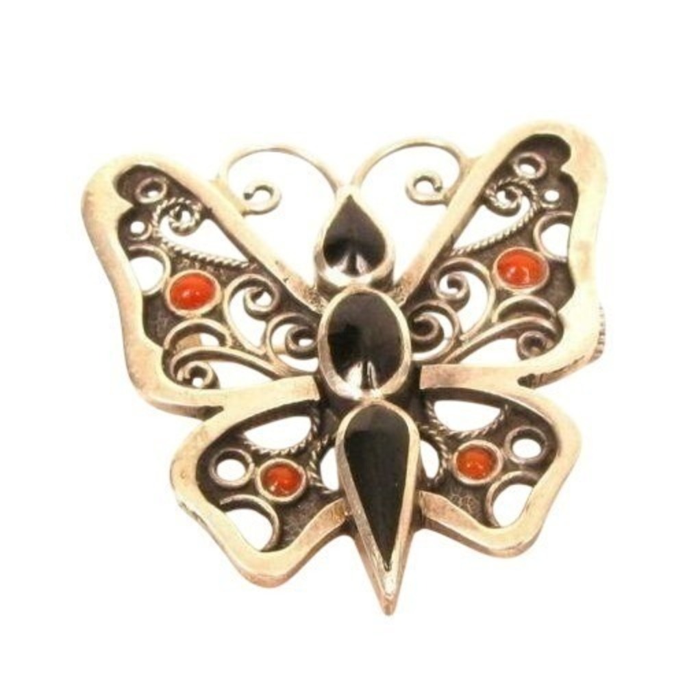 Vintage Sgd "A" 925 Sterling Silver Filigree Black Orange Butterfly Trombone Pin
